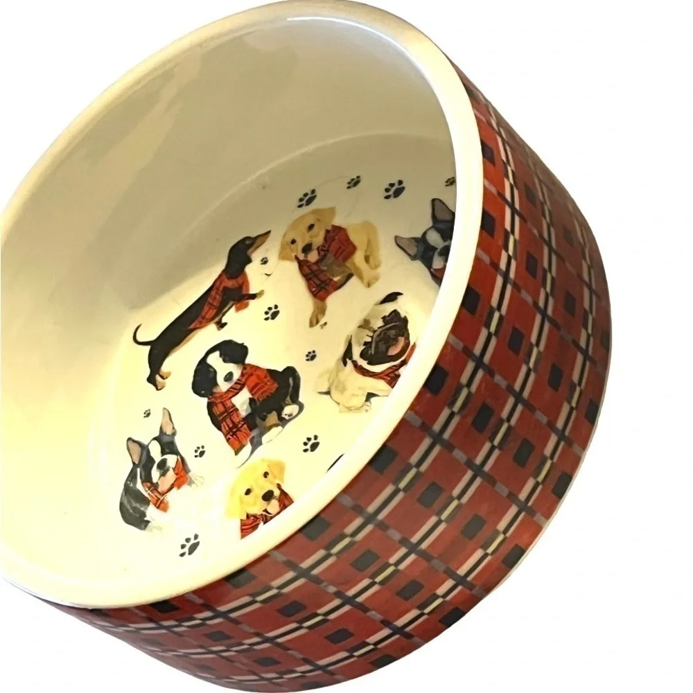 DESIGNER Christmas porcelain dog bowl plaid outside, dogs in scarves inside.